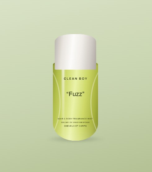 Clean Boy “Fuzz” hair and body fragrance mist in optic yellow glass